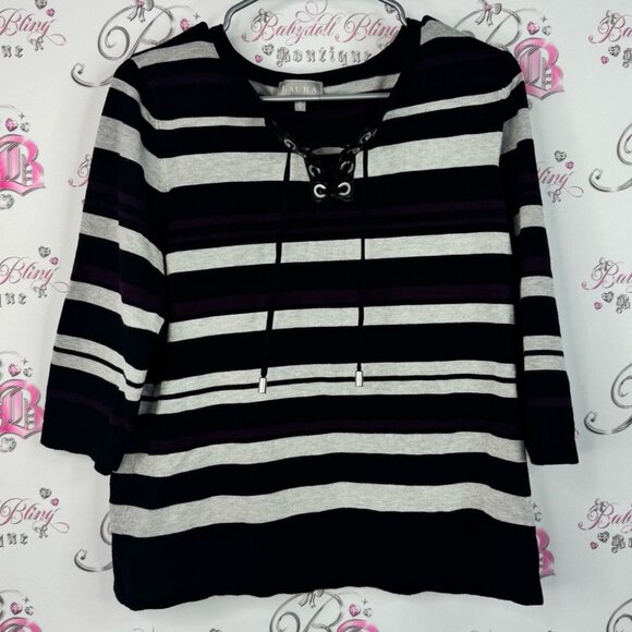 Laura long sleeve stripe pull over Women's Striped Black grey Top lace up - Picture 1 of 8